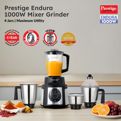 Prestige Endura 1000 Watt Mixer Grinder with 4 Jars | Heavy-Duty Ball Bearing Copper Motor | 3 Stainless Steel + 1 Juicer | Super Efficient SS Blades | Black | 5Y Motor Warranty