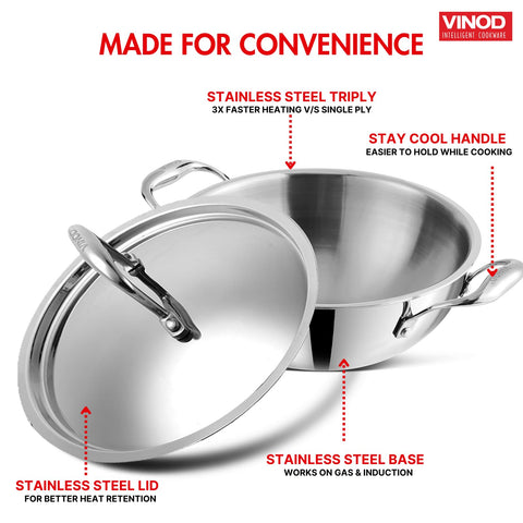 Vinod Platinum Triply Stainless Steel Extra Deep Kadai with Lid - 3.2 L, 24 cm | 2.5mm Thick Base, Even Heating, Less Oil Healthy Cooking, Heavy Bottom Induction Cookware Kadhai for Cooking & Frying