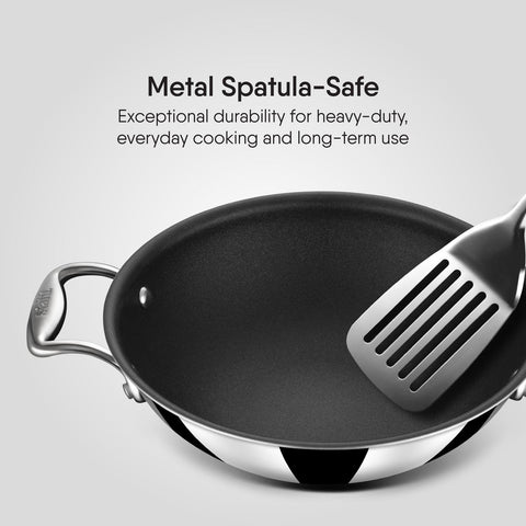 Stahl Artisan Schild | 24 cm Kadhai Triply Stainless Steel + PEEK-Reinforced Non-Stick Kadhai | Induction & Gas Compatible | with Glass Lid | 5-Year Warranty