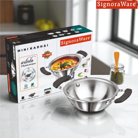 SignoraWare Artista Stainless Steel Cookware Mini Kadhai |Ideal for Pakoras, Sautéed vegetables, Aloo fry or Small Portions Of Fritters | Best for Frying & Roasting Spices |Great for Melting & Mixing