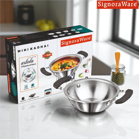 SignoraWare Artista Stainless Steel Cookware Mini Kadhai |Ideal for Pakoras, Sautéed vegetables, Aloo fry or Small Portions Of Fritters | Best for Frying & Roasting Spices |Great for Melting & Mixing