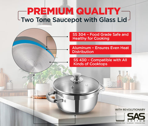 Vinod Two Tone Stainless Steel Sauce Pot/Saucepan with Glass Lid | Steam Vent, Sturdy Handle | 2 Year Warranty | Induction Bottom