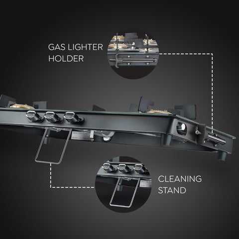 Prestige Vectra 3 Burner Glasstop Gas Stove|Superior Toughened Glass|Jumbo Brass Burner|3-Way Gas Inlet|360 Degree Revolving Nozzle|10 Years Warranty on Glass|Black,open
