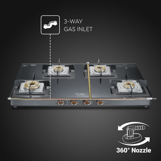 Prestige Vectra 4 Burner Glasstop Gas Stove|Superior Toughened Glass|Jumbo Brass Burner|3-Way Gas Inlet|360 Degree Revolving Nozzle|10 Years Warranty on Glass|Black,Manual