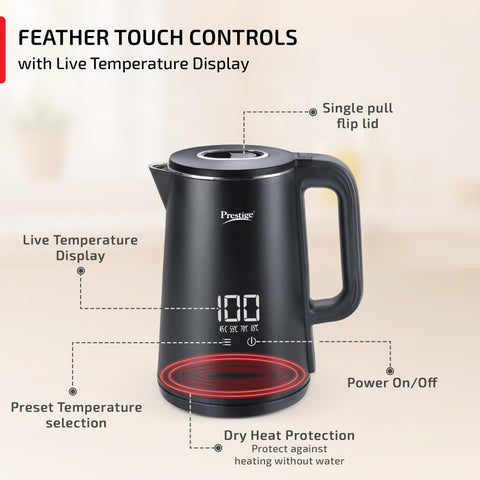Prestige Stainless Steel Digi Kettle 2 L With 4 Preset Modes | Live Temperature Display | Elegant Cool Touch Design | Auto-Cut Off And Dry Heat Protection | 360 Degree Swivel Base, 1350 Watts, Black