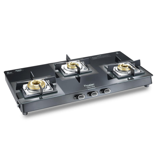 Prestige Vectra 3 Burner Glasstop Gas Stove|Superior Toughened Glass|Jumbo Brass Burner|3-Way Gas Inlet|360 Degree Revolving Nozzle|10 Years Warranty on Glass|Black,open