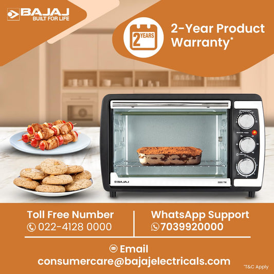 Bajaj 2000TM 20Ltr Oven Toaster Griller (20L OTG) | 1400 Watts Oven For Kitchen | Grilling, Baking, Toasting & Rotisserie | Transparent Glass Door | Temperature & Timer Control | 2 Yr Warranty 【Black】