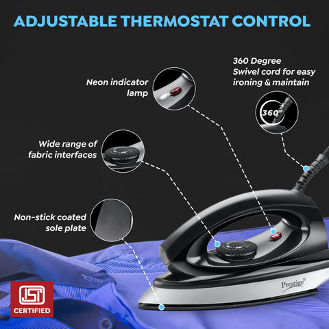 Prestige Magic Spark 750W Dry Iron|Greblon Non-Stick Coated Sole Plate|Wide Range Of Fabric Interface|Light Weight|Neon Indicator Light|2 Years Warranty|Yellow & Black