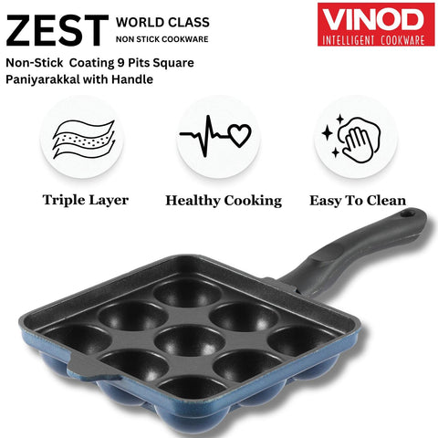 Vinod Aluminium Non Stick Kuzhi Paniyaram Pan - 9 Cups, 17.5cm / Paniyarakal, Appe Pan,Appam Patra,3mm Thick, 3 Ply,Metal Spoon Friendly,Gas Base - 1 Year Warranty