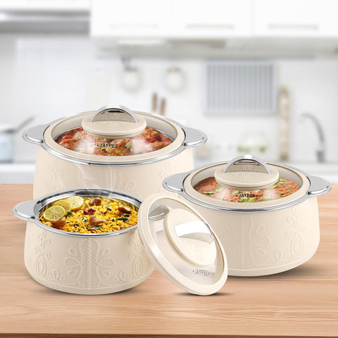 Jaypee Fabrene Serving Set Casserole Set of 3 PUF Insulated |Inner Stainless Steel |Anti Lock Lid Toughened Glass | Hot Box for Serve Chapatti, Dishes, 1000+1500+2000 ml, Ivory