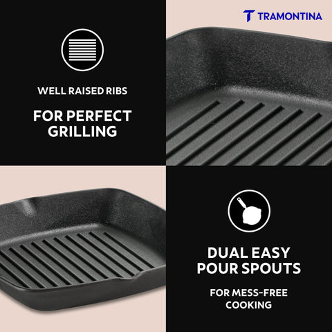 Tramontina Titanex 27 cm Pre-Seasoned Cast Iron Grill Pan, Non-Toxic, Induction Ready, Easy Hold Non-Slip Heat-Resistant Grip, Deep Ridges for Enhanced Texture & Fat Release, Spouts for Easy Deglazing