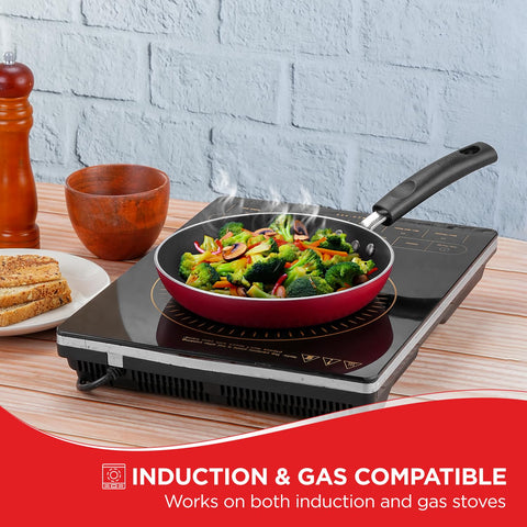 Vinod Zest Inducto Aluminium Non Stick Frypan - 22 cm | 3mm Extra Thick | 3 Layer Coating | Swiss Quality | Metal Spoon Friendly | Induction Base | 1 Year Warranty - Red