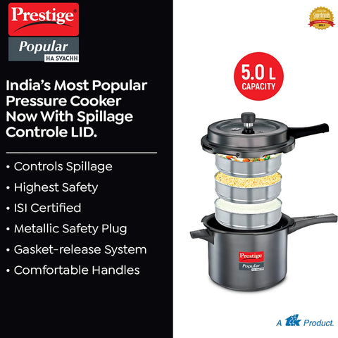 Prestige Popular Svachh Hard Anodised Outer Lid Pressure Cooker (5.0 L, Black, Deep Lid-Controls Spillage), 5 Liter