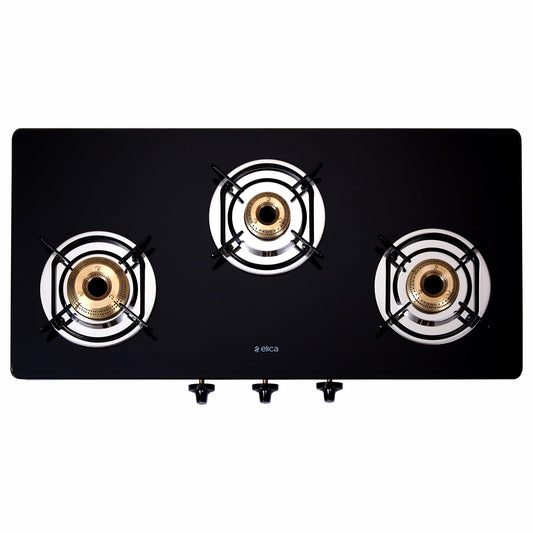 Elica 3 Burner Gas Stove with Toughened Glass Top | 773 CT DT VETRO | Double Drip Tray | Jumbo, Medium & Small Brass Burners | Manual Ignition | 7-Year Glass Warranty | Black