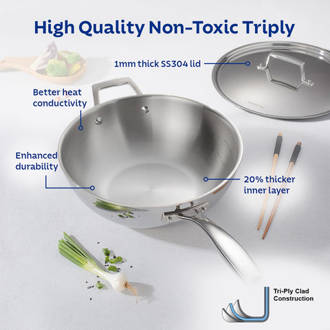 TRAMONTINA Aeion Triply 26cm / 3.7 L Wok with SS304 Lid Stir-Fry | Saute | Noodles | Fried Rice | Induction Friendly | Stay Cool Handle | NSF Certified | 10 Year Warranty