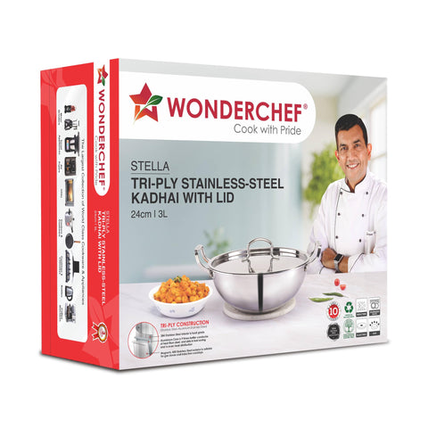 Wonderchef Stella Triply Stainless Steel Kadhai with Lid | 24 cm, 3 litres | Compatible with Gas Stove, Induction, Ceramic Cooktop | Non-Toxic | Uniform Heating | Heavy-Duty Handle | 10-Year Warranty
