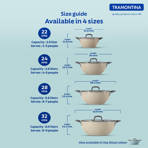 Tramontina Velo 24cm / 3.6L Forged with Ceramic Reinforced Interior Kadai | Tempered GlassLid | Kadhai for Curry, Deep-Fry, Stir-Fry | Silicone Grip Handles | Gas/Induction | Sand Beige