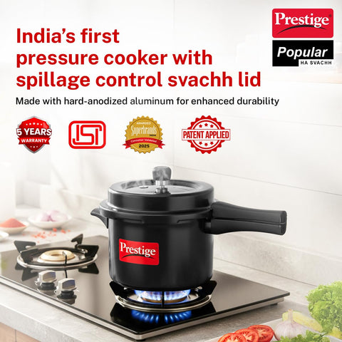 Prestige 5 Litre Hard Anodised Popular Svachh Outerlid Pressure Cooker|Deep Lid for spillage Control|Gas compatible|Gasket Release System|Metallic Safety Plug|5 years warranty|ISI Certified