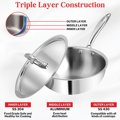 Vinod Platinum Triply Stainless Steel Deep Frying Pan with Lid - 2.5 L, 22 cm | 2.5 mm Thick Tri ply Cookware | Heavy-Bottom Frypan for Healthy, Low-Oil Cooking | Induction and Gas Compatible