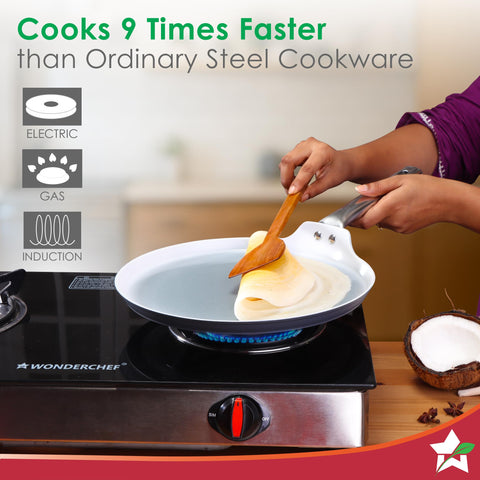 Wonderchef Eco-Glide Dosa Tawa | Chemical-Free Ceramic Coating | 28cm | Healthy, Low Oil Meals | Scratch-Resistant | Stainless-Steel Handle | Gas & Induction Compatible | Grey | Easy to Clean