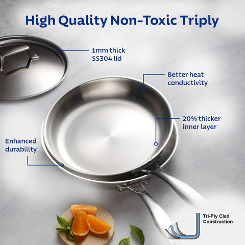 TRAMONTINA Stainless Steel Aeion Triply 24Cm Fry Pan with SS 304 Lid,Healthy,Non Toxic,Omelette Pan,Saute,Induction Friendly,Stay Cool Handle,NSF Certified,10 Year Warranty*