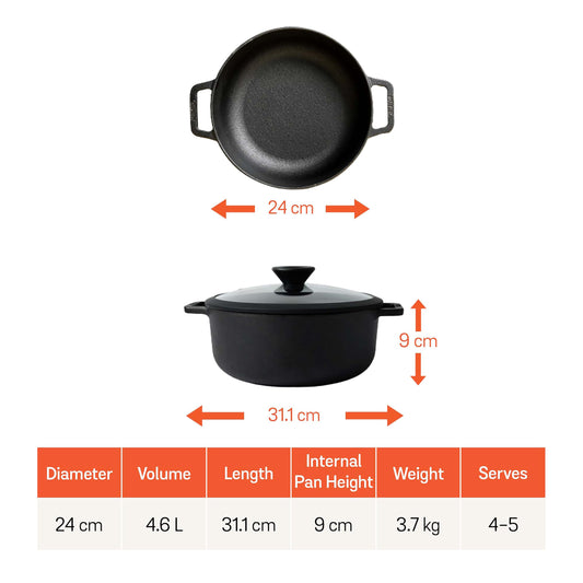 Meyer Pre-Seasoned Cast Iron Dutch Oven | Biryani Pot | Cast Iron Casserole with Heavy Bottom |Cooking Pot with Lid| Biryani Pot Induction Bottom| Stew Pot| Cast Iron Cookware 24cm/ 4.6 Litre, Black