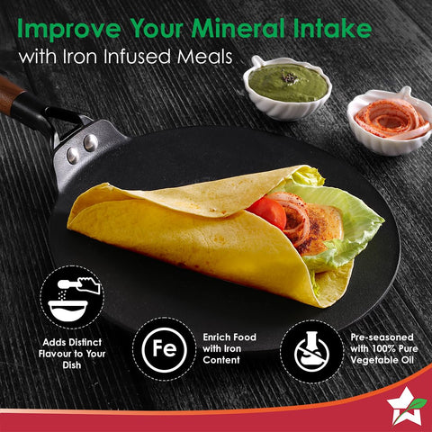 Wonderchef Ferro Light-Weight Cast-Iron Roti Tawa | 26cm | Pre-Seasoned with 100% Vegetable Oil | 40% Lighter Than Regular Cast-Iron Cookware | Cool-Touch Real Acacia Wood Handles | 10-Year Warranty