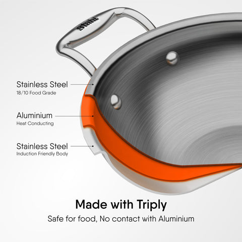 Stahl Artisan Triply 4.4 L, 28 cm Stainless Steel Kadhai with Lid,Kadai for Cooking, Stainless Steel Cookware Triply Kadai, Induction & Gas Stove Compatible