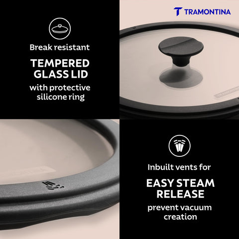 TRAMONTINA TITANEX 24cm/3.7L Pre-Seasoned Heritage Cast Iron Deep Kadai with Toughened Glass Lid | Snap-On Silicone Grips | Kadhai for Curry | Gas/Induction Cookware | Life-Time Warranty
