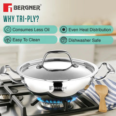 BERGNER Argent Triply 36cm Kadai with Stainless Steel Lid, Large Kadhai, Even and Faster Heating, Consumes Less Oil, Healthy Cooking, Stay Cool Cast Handles - Induction and Gas Stove Ready