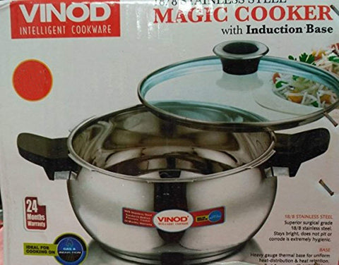 Vinod 18/8 Stainless Steel Magic Outer Lid Pressure Cooker - 5.5 Liters with a Pressure Cooker Lid, Straining Lid and Glass Lid (Induction and Gas Friendly), Silver