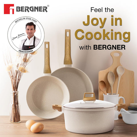 Bergner Naturally Forged Aluminum 28 cm Wok, 3.3 Liters Non-Stick Wok with Marble Coating, Soft Touch Handle, Even Heat Distribution, Comes with Non-Woven Trivet, Induction Bottom &amp; Gas Stove Ready