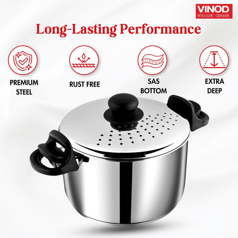 Vinod Stainless Steel Rice & Pasta Pot with Strainer Lid - 24cm | SAS Bottom, Locking Handles | Induction & Gas Compatible | Multi-Purpose Cookware for Vegetables, Noodles, Biryani | Rust-Free.