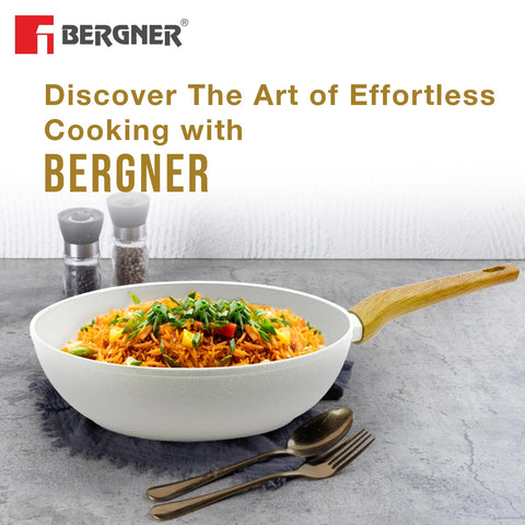 Bergner Naturally Forged Aluminum 28 cm Wok, 3.3 Liters Non-Stick Wok with Marble Coating, Soft Touch Handle, Even Heat Distribution, Comes with Non-Woven Trivet, Induction Bottom &amp; Gas Stove Ready