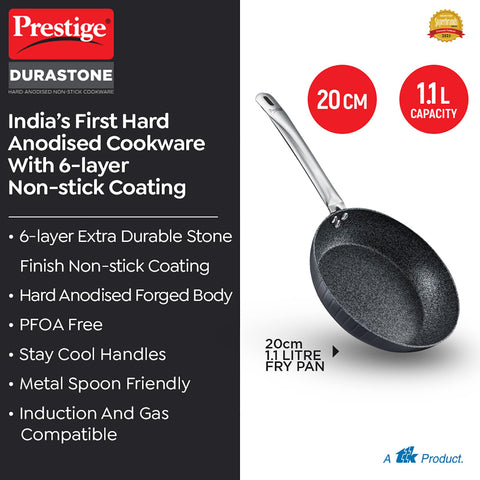 Prestige Durastone 20Cm(1.1L) Hard Anodised Non-Stick Fry Pan with 6 Layers Extra Durable Stone Finish Coating|Gas & Induction Compatible|Stay Cool Handles|Black