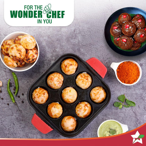 Wonderchef Forza Cast-Iron Paniyarakal | Square | Heavy-Duty Cast-Iron | for Paniyarams, Bondas | Naturally Non-Stick | Uniform Heating, Slow Cooking | Chemical-Free
