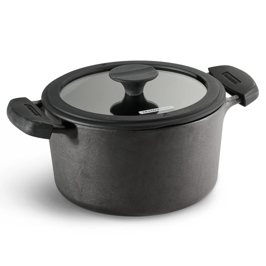 Tramontina TITANEX 20cm / 3.1L Pre-Seasoned Heritage Cast Iron Casserole with Toughened Glass Lid | Gas/Induction Compatible Biryani Pot | Stock Pot with Snap-On Silicone Grips | Life-Time Warranty