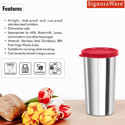 SignoraWare Stainless Steel Tumbler With Lid | Easy to carry | Airtight | Grip & Comfort | Best for Hiking & Travelling | Gym & Fitness | Useful for Office, Workspace & Outgoings ( 420 ml | Red )