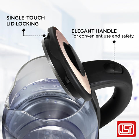 Prestige PKGB 1.8 Litre Electric Glass Kettle| LED Power Indicator| Borosilicate Glass| Automatic Power Cut-Off| Concealed Element| 360 Degree Swivel| Cool Touch Handle, 1350 Watts, Transparent