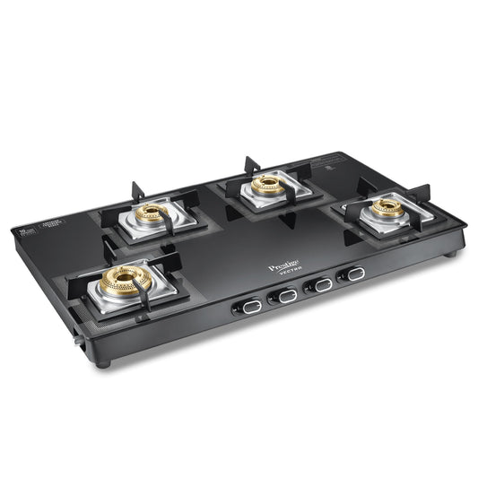 Prestige Vectra 4 Burner Glasstop Gas Stove|Superior Toughened Glass|Jumbo Brass Burner|3-Way Gas Inlet|360 Degree Revolving Nozzle|10 Years Warranty on Glass|Black,Manual