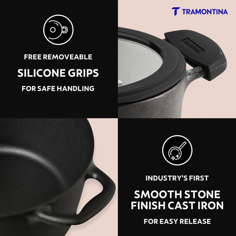 Tramontina TITANEX 24cm/4.9L Pre-Seasoned Heritage Cast Iron Casserole with Toughened Glass Lid | Gas/Induction Compatible Biryani Pot | Stock Pot with Snap-On Silicone Grips | Life-Time Warranty*