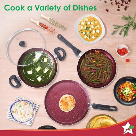 Wonderchef Bandhan Non-Stick Cookware 4 Pc. Set | Fry Pan, Dosa Tawa, Kadhai with Glass Lid | Healthy, Low Oil Meals | Scratch-Resistant | Gas & Induction Compatible | Easy to Clean