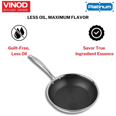 Vinod SAS Pro Platinum Triply Stainless Steel Hybrid Non Stick Frypan - 24 cm | Etched Hexa Design Stick-Resistant Surface | Healthy Cooking | Metal Spatula Safe | Induction & Gas Base | Toxin Free