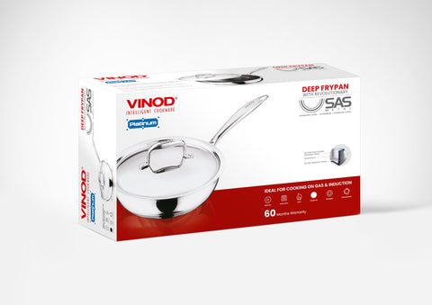 Vinod Platinum Triply Stainless Steel Deep Frying Pan with Lid - 22 cm | Heavy-Bottom Frypan for Healthy, Low-Oil Cooking | Induction and Gas Compatible