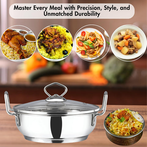 Vinod Stainless Steel Kadhai with Glass Lid, 2.7 L (26 cm) | Extra Thick Heavy Base, Riveted Handles, Easy to Clean, Durable Body | Ideal for Curries & Frying | Induction & Gas Base | 2 Yr Warranty
