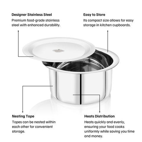 Vinod Brand Stainless Steel Flat Bottom Cooking Tope With Lid|Induction & Gas Compatible|Food-Grade Stainless Steel|17 Cm Dia|18G|1.5MM Thickness|Rust-Resistant & Long-Lasting
