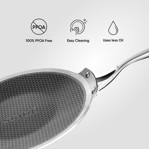 Stahl Artisan Hybrid Roti Tawa 4 mm Thick | 28 cm Triply Stainless Steel Tawa with Honeycomb Structured Stick Resistant Layer | Scratch Resistant Roti Tawa Compatible with Induction & Gas Stove
