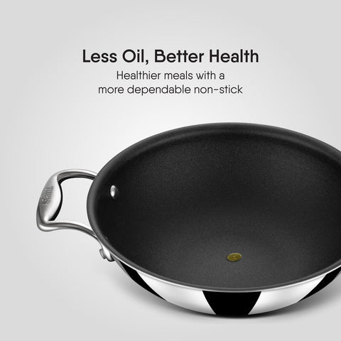 Stahl Artisan Schild | 24 cm Kadhai Triply Stainless Steel + PEEK-Reinforced Non-Stick Kadhai | Induction & Gas Compatible | with Glass Lid | 5-Year Warranty