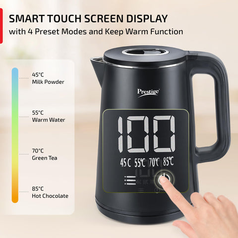 Prestige Stainless Steel Digi Kettle 2 L With 4 Preset Modes | Live Temperature Display | Elegant Cool Touch Design | Auto-Cut Off And Dry Heat Protection | 360 Degree Swivel Base, 1350 Watts, Black