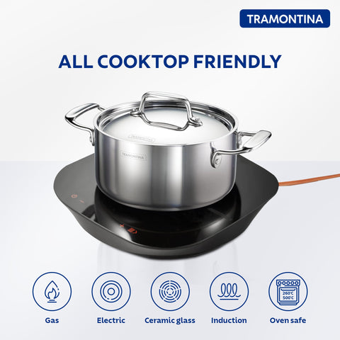 TRAMONTINA Fusao Healthy Triply Ceramic 20Cm/3.1Liters Polished Casserole EX+ With SS 304 Lid | Stock Pot | Biryani Pot | Induction Friendly | Stay Cool Handle I 10 Year Warranty* By Brand, Silver